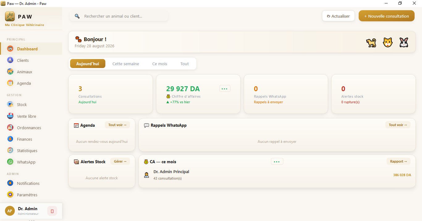 Capture du dashboard Paw pour cabinet veterinaire
